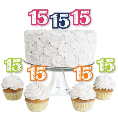 Big Dot of Happiness 15th Birthday - Cheerful Happy Birthday - Dessert Cupcake Toppers - Colorful Fifteenth Birthday Clear Treat Picks - Set of 24