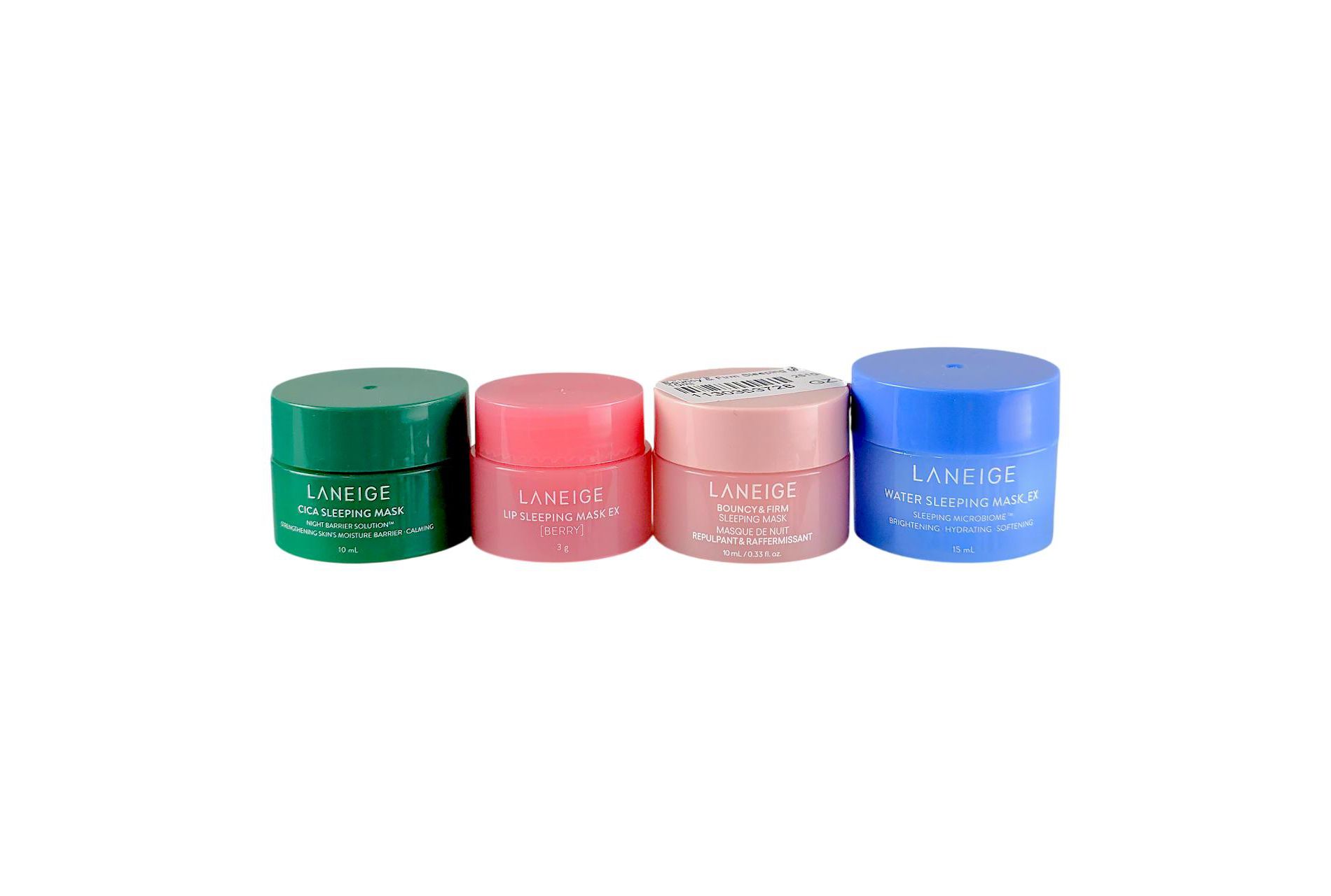 Laneige 4-pc Mini VARIETY PACK Sleeping Mask (0.33 oz x 4) Berry, Bouncy & Firm, Cica, Water EX - Sleep In, Glow Out: Your 4-Piece Dream Team