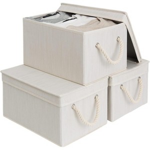 Summit Adventure Storage Bins with Lid,Decorative Boxes with Soft Rope Handles,Foldable Basket,Mixing of Beige,White & Ivory,Large,3-Pack - 1 of 4