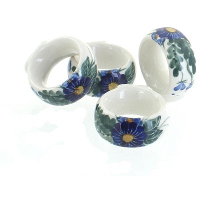 Blue Rose Polish Pottery Forget Me Not Napkin Ring Set