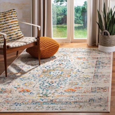 Cream and Blue Vintage Distressed Synthetic Area Rug