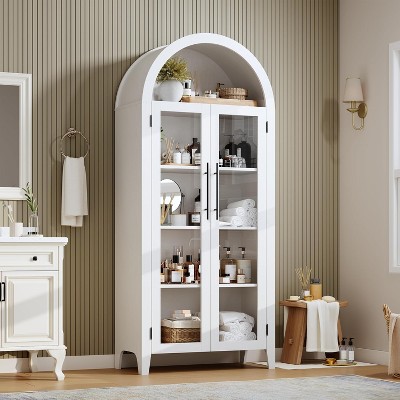 63'' Arched Pantry Storage Cabinet, Farmhouse 5 Tier Bookcase with Adjustable Shelf and 2 Glass, for Kitchen, Living Room, Bedroom
