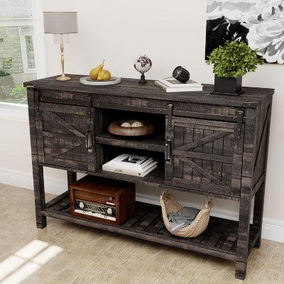 Console Table with 2 Sliding Barn Doors, Farmhouse Entryway Table w/ 3-Tier Storage Shelves, Rustic Sofa Table, Side Table