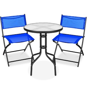 Best Choice Products 3-Piece Patio Bistro Dining Furniture Set w/ Round Textured Glass Tabletop, Folding Chairs - 1 of 4