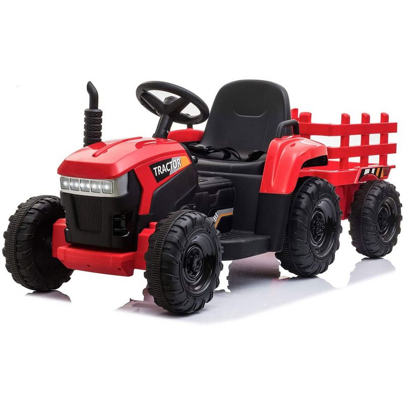 TOBBI 12V Electric Battery Powered Kids Ride On Tractor with Durable Trailer, 35 Watt Dual Motors, LED Lights, and USB Audio Functions, Red, 1 of 7