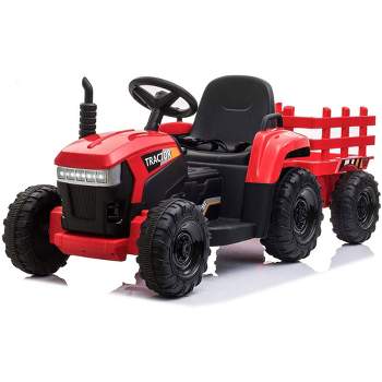 TOBBI 12V Electric Battery Powered Kids Ride On Tractor with Durable Trailer, 35 Watt Dual Motors, LED Lights, and USB Audio Functions, Red