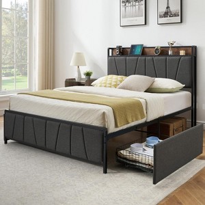 Linen Upholstered Platform Bed Frame with Storage Drawers & Charging Station – Light Grey, No Box Spring Needed - 1 of 4
