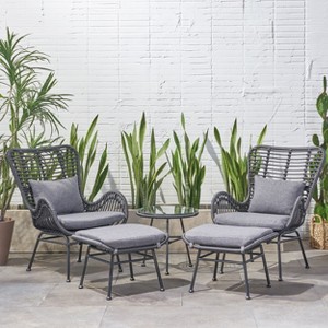 Christopher Knight Home Bechtel Outdoor Wicker and Tempered Glass 5 Piece Chat Set with Ottomans - 1 of 4