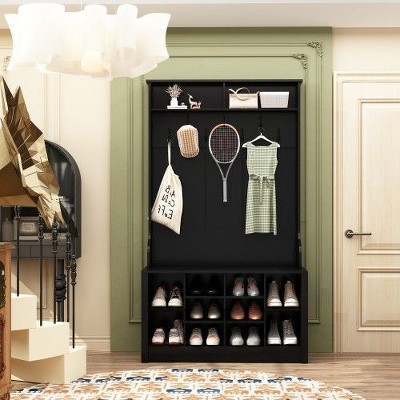 FUFU&GAGA White Wood 3-in-1 Hall Tree Shoe Bench with Hooks and Shelves