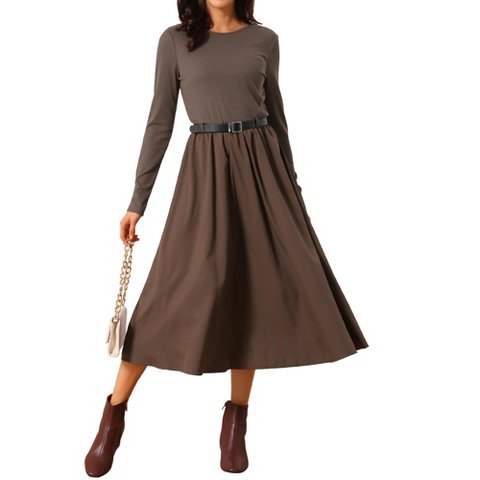 Женские платья INSPIRE CHIC Women's Casual Midi Round Neck Long Sleeve Flowy Fall Dresses with Belt Coffee Small