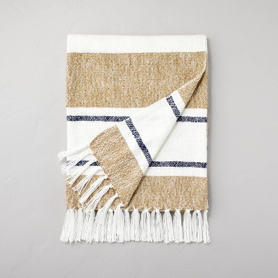 Neutral Wide Stripe with Knotted Fringe Throw Blanket Cream/Tan/Blue - Hearth & Hand™ with Magnolia