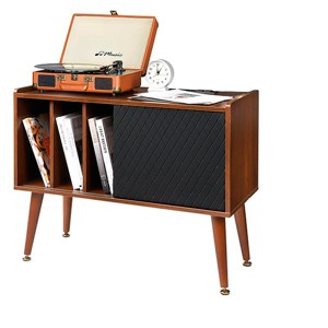 Record Player Stand & End Table with Charging Station – Vinyl Storage Table Holds Up to 220 Albums,Mid-Century Turntable & Stereo Stand, Brown - 1 of 4