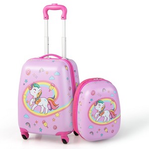 Gymax 2 PCS Carry-on Luggage Set W/ Spinner Wheels Rolling Hardshell Suitcase & Backpack Bag Travel Trolley Luggage Set Pink/Blue/Pink & White - 1 of 4