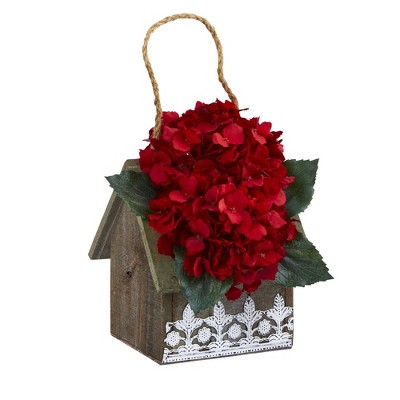 Nearly Natural 10-in Hydrangea Arrangement in Hanging Design House Planter