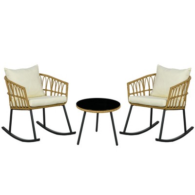 Outsunny Cushioned 3 Piece Patio Rocking Chair Patio Set, Glass Top Coffee Table Wicker Bistro Set, Cream White