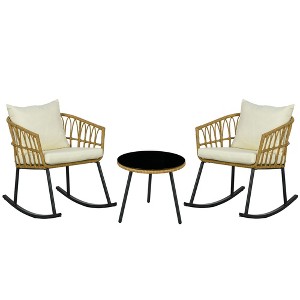 Outsunny Cushioned 3 Piece Patio Rocking Chair Patio Set, Glass Top Coffee Table Wicker Bistro Set, Cream White - 1 of 4