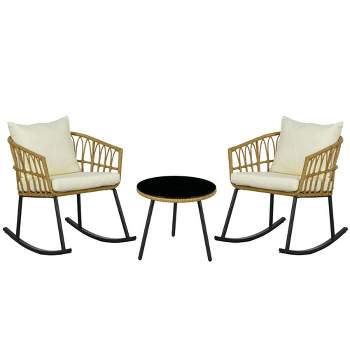 Outsunny Cushioned 3 Piece Patio Rocking Chair Patio Set, Glass Top Coffee Table Wicker Bistro Set, Cream White
