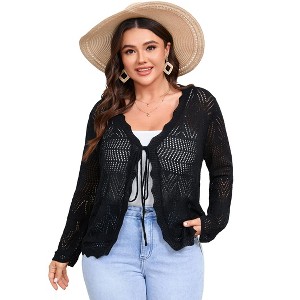 Clearlove Women's Plus Size Tie Front Cardigan Sweaters Long Sleeve Bow Sweater Fall Winter Trendy Outerwear Tops - 1 of 4