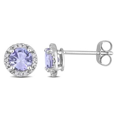 EVERLY JEWELRY | 10k White Gold 1 1/10 CT TGW Tanzanite and Diamond Halo Stud Earrings