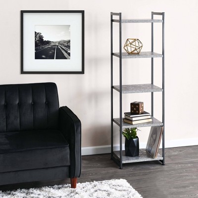 Gray Concrete and Black Metal 5-Shelf Narrow Bookshelf