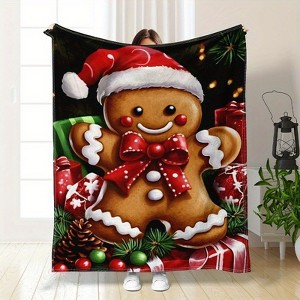 1pc, Gingerbread Man Printed Throw Blanket, Soft Plush Polyester Flannel, Contemporary Style, All-Season, Lightweight, Couch Sofa Bed Cover. - 1 of 4