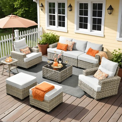 XIZZI Versatile Outdoor Rattan Sectional Sofa Set Collection, 8/9/10-Piece Set w/ Comfy Swivel Chairs, Perfect for Patio Relaxation and Entertaining