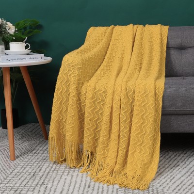 PiccoCasa 100 Acrylic Knit Wave Pattern Soft Tassels Fringe Lightweight Blanket Yellow 50