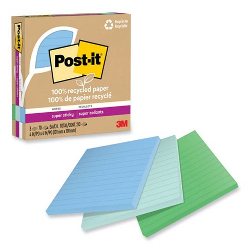 Post-it Notes Super Sticky 100% Recycled Paper Super Sticky Notes, Ruled, 4" x 4", Oasis, 70 Sheets/Pad, 3 Pads/Pack - image 1 of 4