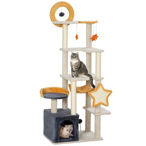 PawHut Cat Tree, 63 Inch Moon and Star Themed Cat Tower with Scratching Post, Hammock, Condo, Bed, Scratching Board & Cat Toys, Beige - image 1 of 4