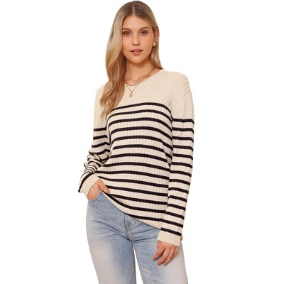 INSPIRE CHIC Women's Drop Shoulder Crew Neck Long Sleeve Color Block Knitted Tops