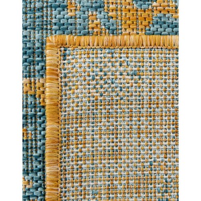 Yellow and Aqua Square Medallion Outdoor Rug