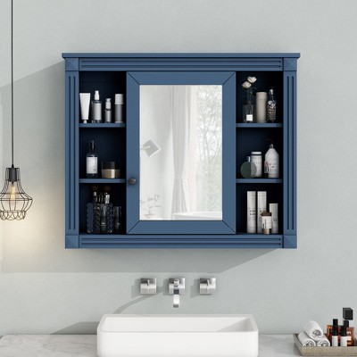 Wall Mounted Bathroom Storage Cabinet, Modern Royal Blue Bathroom Wall Cabinet With Mirror, 6 Open Shelves Wall Hanging Cabinets