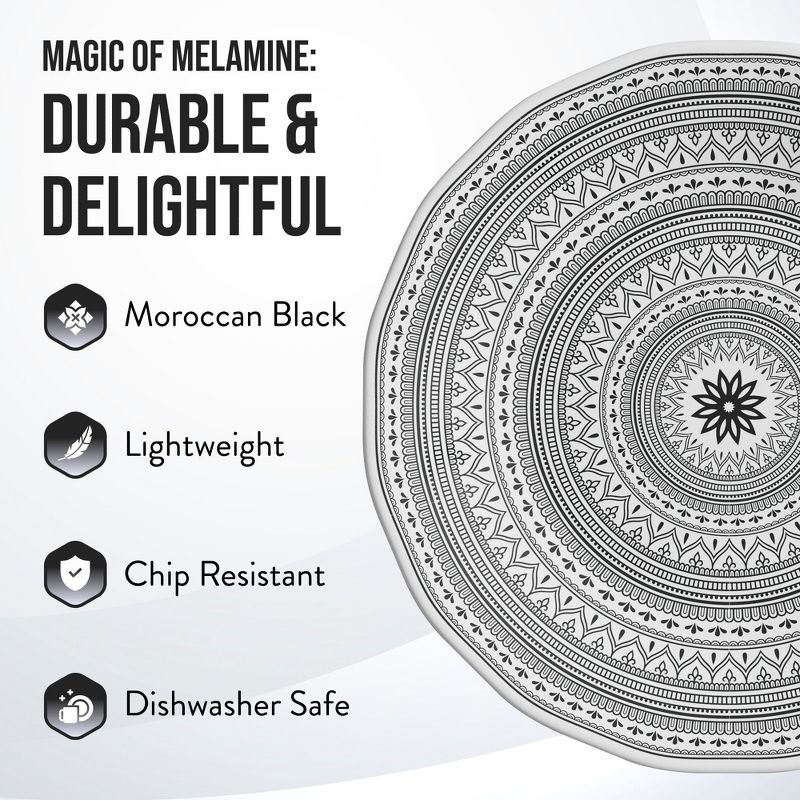 American Atelier Moroccan Black/White Design Melamine Plates, Lightweight and Break-Resistant Plates, Dish Set for Everyday Use, Set of 4, 2 of 8