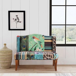 Royal Hampton 45 Inch Settee Loveseat Bench, Handcrafted Wingback Design, Bird Collage Print Velvet Fabric - 1 of 4