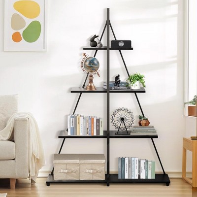 Book Shelf, 4-Tier Bookshelf with A-Shaped Frame, Sturdy Ladder Shelf Display, Wood and Metal Bookcase Storage Organizer for Living Room
