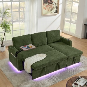 85'' Modern L-Shaped Sectional Sofa Chenille Sofa Bed with Retractable Table, LED Lighting, USB Charging Ports, and Cup Holders - 1 of 4