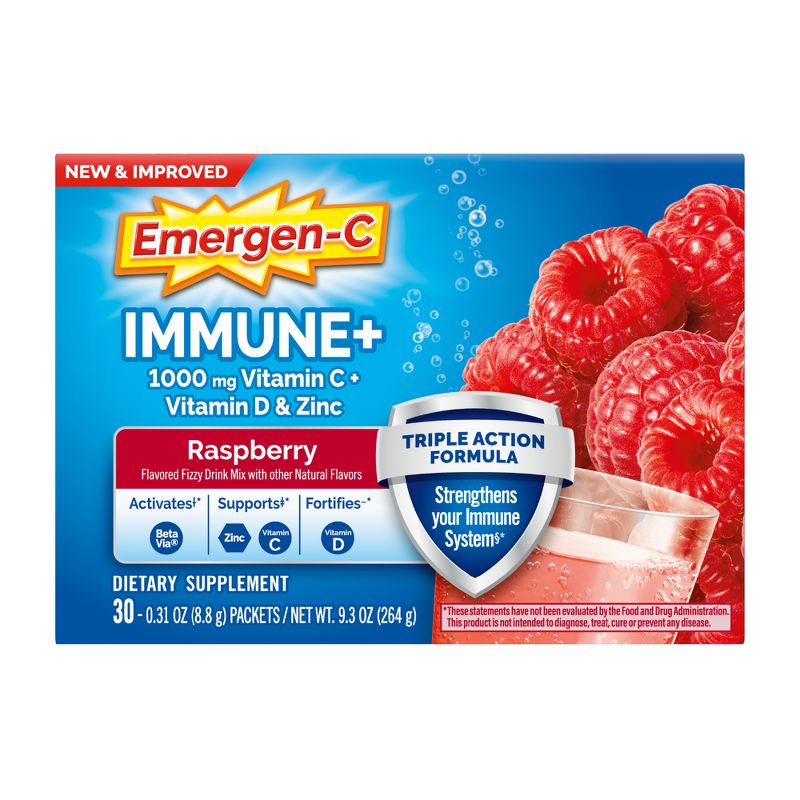 Emergen-C Immune+ Dietary Supplement Powder Drink Mix with Vitamin C - Raspberry - 30ct, 1 of 12