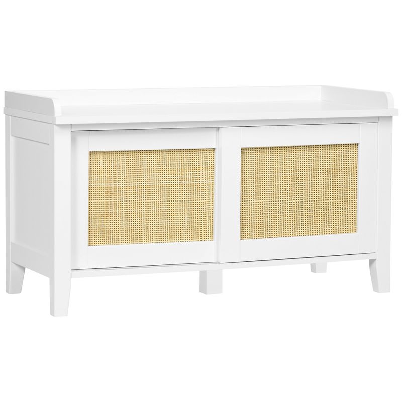 HOMCOM Small Shoe Bench with Storage, Boho Entryway Bench with Shoe Cabinets, 2 Rattan Sliding Doors and Pine Wood Legs for Hallway, White, 1 of 7