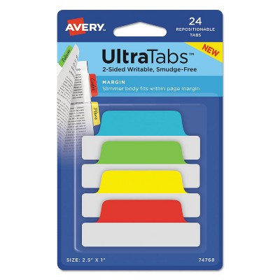 Avery Ultra Tabs Repositionable Tabs 2.5 x 1 Pastel:Blue Pink Purple Green 24/Pk 74769