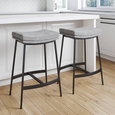 Arlo 27" Grey Upholstered Saddle Seat Backless Bar Stools, Set of 2