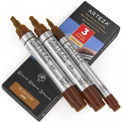 Arteza Acrylic Markers (A300 Yellow Ochre), 2 Big Barrel (chisel+bullet nib) + 1 Small Barrel, Single Color - 3 Pack (AR