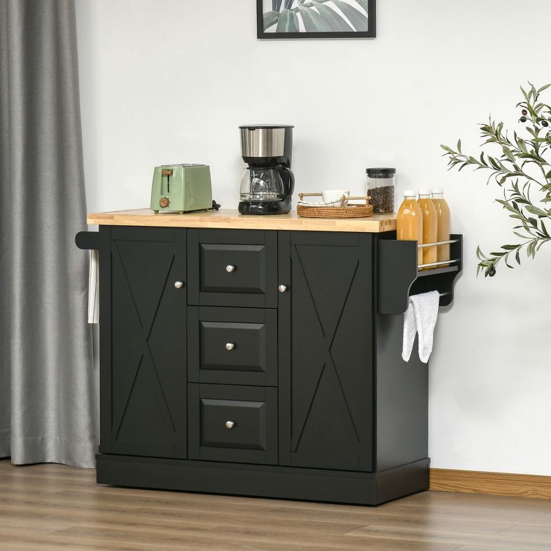 HOMCOM Farmhouse Mobile Kitchen Island Utility Cart on Wheels with Barn Door Style Cabinets, Drawers, 2 of 11