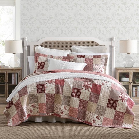 Laura Ashley 2pc Twin Celina Patchwork 100% Cotton Quilt Bedding Set Red