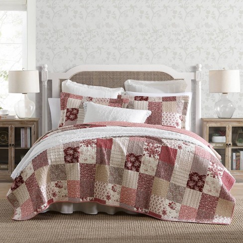 Laura Ashley 3pc King Celina Patchwork 100% Cotton Quilt Bedding Set Red