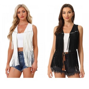 INSPIRE CHIC Women's 70s Western Open Front Faux Suede Fringe Vest 2 Packs - 1 of 4