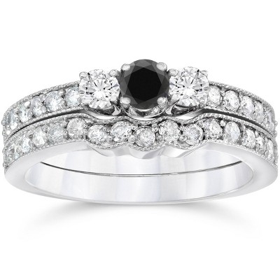 Pompeii3 3/4ct Round Black Diamond Three Stone Wedding Engagement Ring Set 10K White Gold
