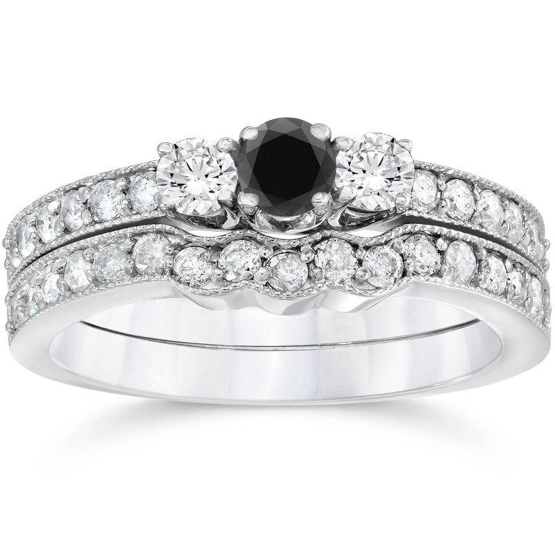 Pompeii3 3/4ct Round Black Diamond Three Stone Wedding Engagement Ring Set 10K White Gold, 1 of 4