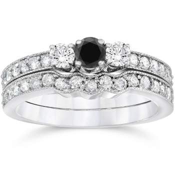 Pompeii3 3/4ct Round Black Diamond Three Stone Wedding Engagement Ring Set 10K White Gold