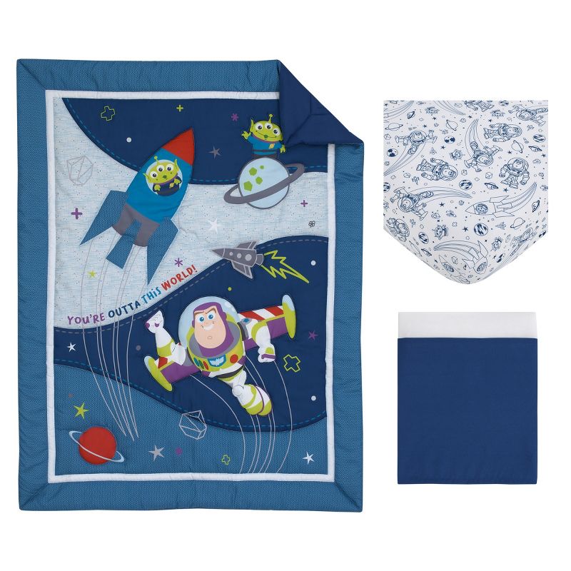 Disney Toy Story Outta This World Blue and Gray 3 Piece Nursery Crib Bedding Set - Comforter,  Fitted Crib Sheet, and Crib Skirt, 5 of 7