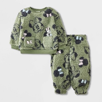 Image of Baby Girls' Disney Minnie Mouse Faux Shearling Fleece Pullover and Pants Set - Teal 0-3M